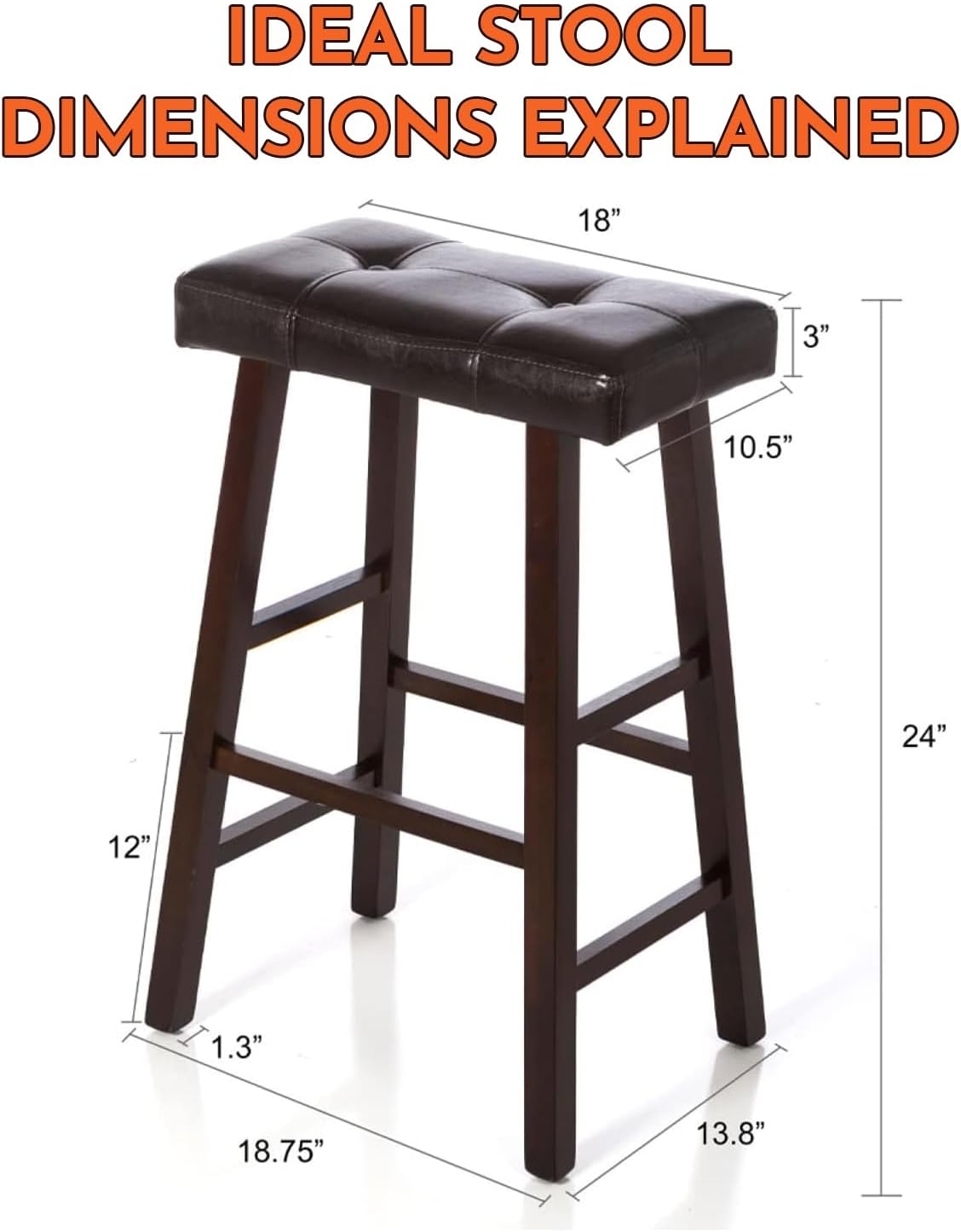 Legacy Decor 2 Counter Bar Stool Set - 24" High Dark Espresso Barstools with Wrapped Bonded Faux Leather Seat - Solid Wood Modern Countertop Stools - Ideal for Kitchen Island & Bar Areas