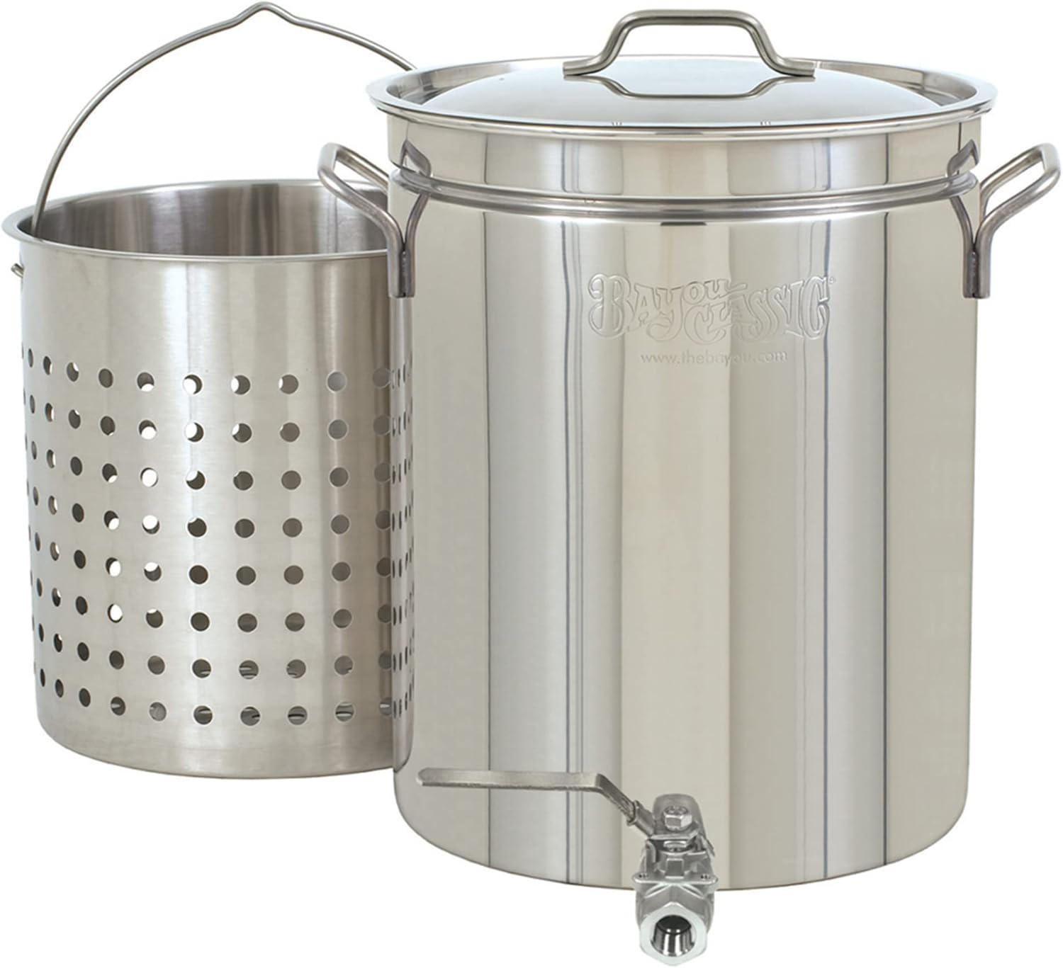 Bayou Classic 1140 40-qt Stainless Stockpot w/ Elevated Steam Basket and Spigot Features Stainless Ball Valve Spigot