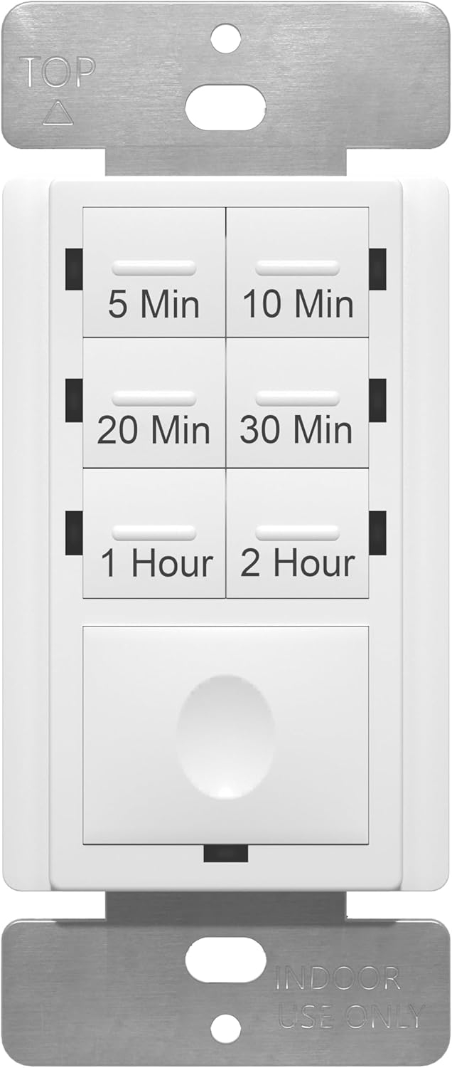 ENERLITES 2-Hour Countdown Timer Switch, 5-10-20-30 Min, 1-2 Hr, for Bathroom Fans, Heaters, Lights, LED Indicator, 120VAC 800W, No Neutral Wire Required, UL Listed, HET06-J-2H-W, White