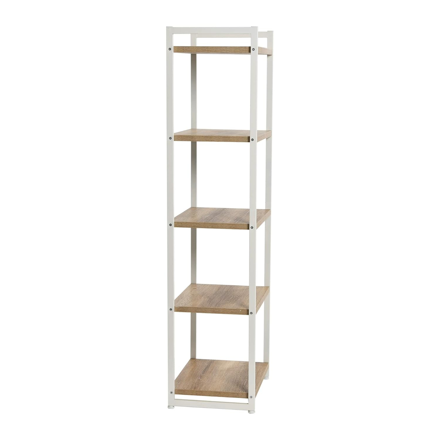 Household Essentials Tower Bookshelf, Tall and Narrow Bookshelf with 5 Shelves, Coastal Oak Wood Grain and White Metal, Coastal and Modern