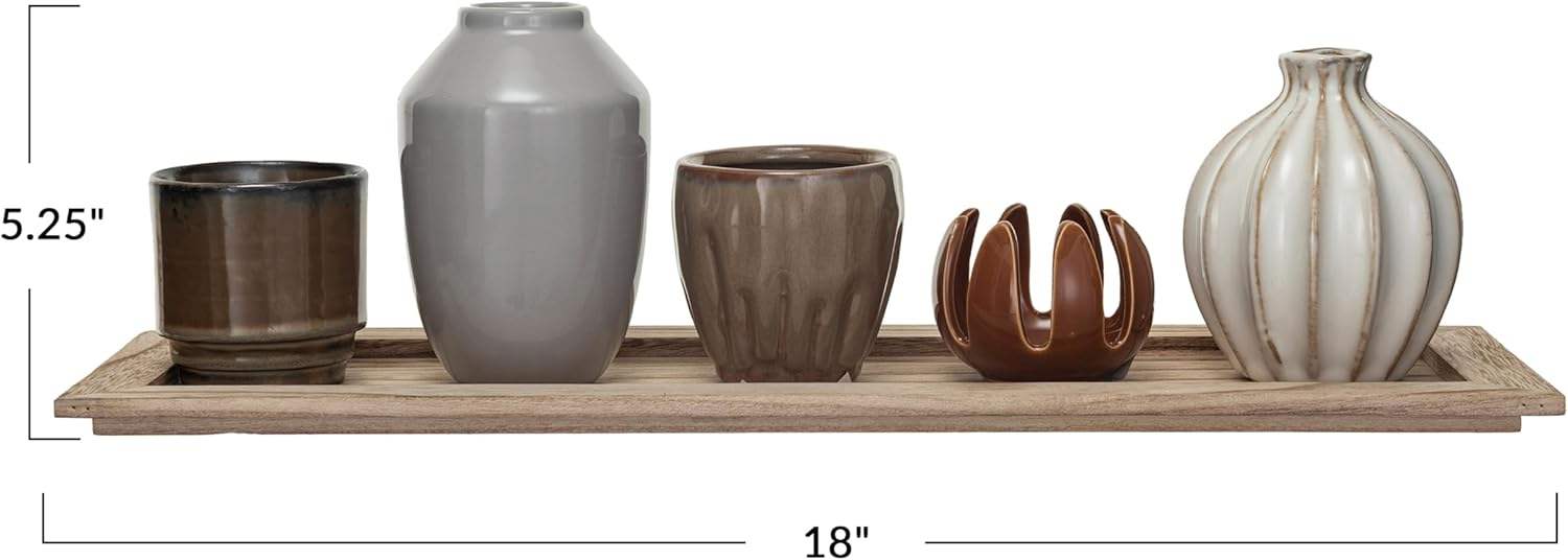 Creative Co-Op 5 Stoneware Votive Candle Holders on a Wood Tray with Reactive Glaze, Multicolor