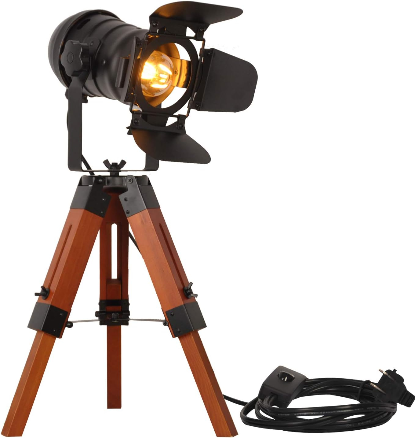 Modern Industrial Vintage Tripod Floor Table Lamp - Metal Wooden Nautical Cinema Standing Searchlight - Reading Light for Living Room Movie Theatre Decoration Adjustable Height (excluding Bulb)