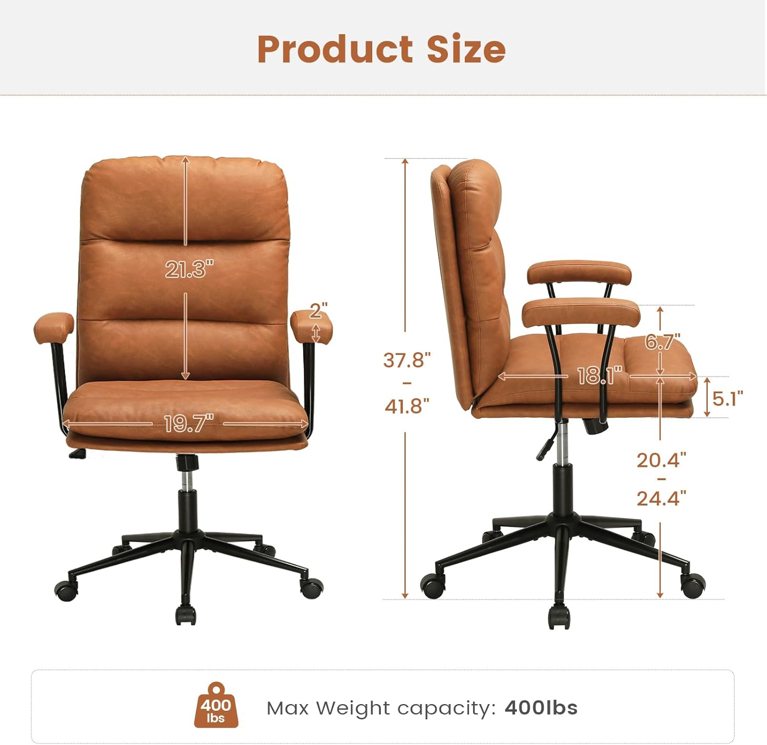 Brown Office Chair Leather High Back Swivel Desk Chair,Faux Leather Executive Upholstered Chair for Home Office, Max 400lbs