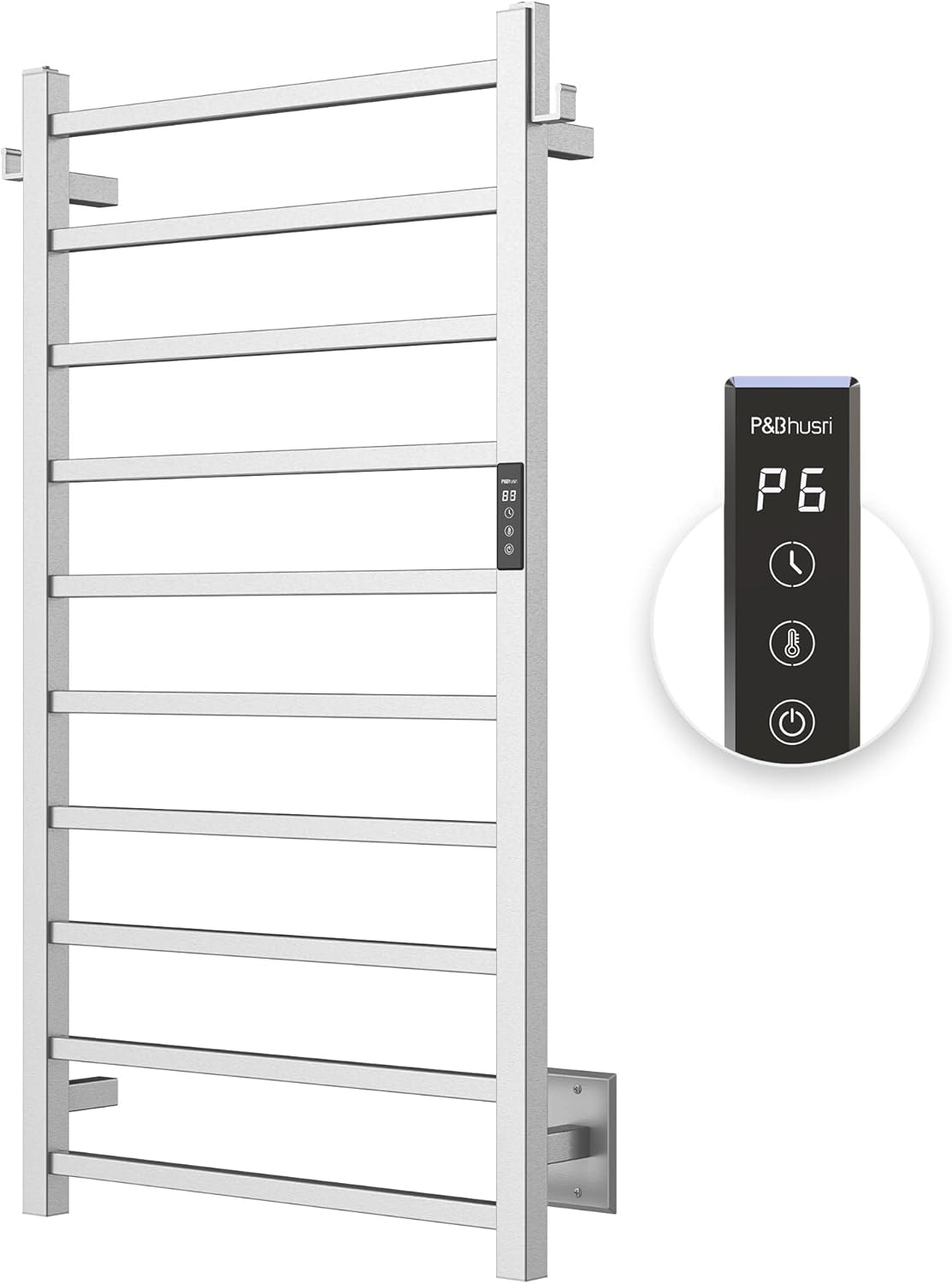 P&Bhusri Towel Warmer, 10-Bar Heated Towel Rack for Bathroom, Electric Towel Warmer with Timer & Temperature Multi-Level Adjustments, Brushed, Plug-in/Hard-Wired