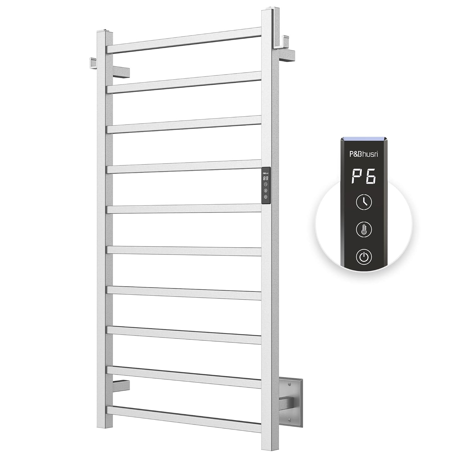 P&Bhusri Towel Warmer, 10-Bar Heated Towel Rack for Bathroom, Electric Towel Warmer with Timer & Temperature Multi-Level Adjustments, Brushed, Plug-in/Hard-Wired
