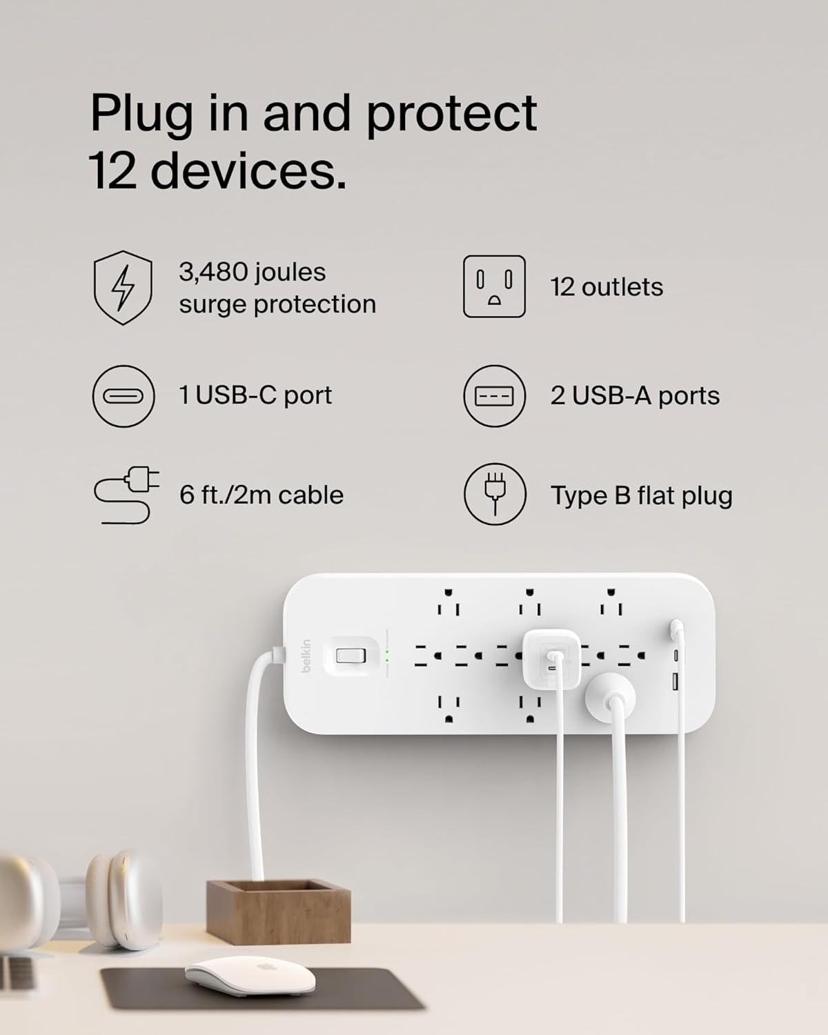Belkin 12-Outlet Surge Protector Power Strip w/ 12 AC Outlets, 1 USB-C Port, & 2 USB-A Ports, 6ft Cable, Overload and Overvoltage Protection, and On/Off Power Switch - 4,000 Joules of Protection