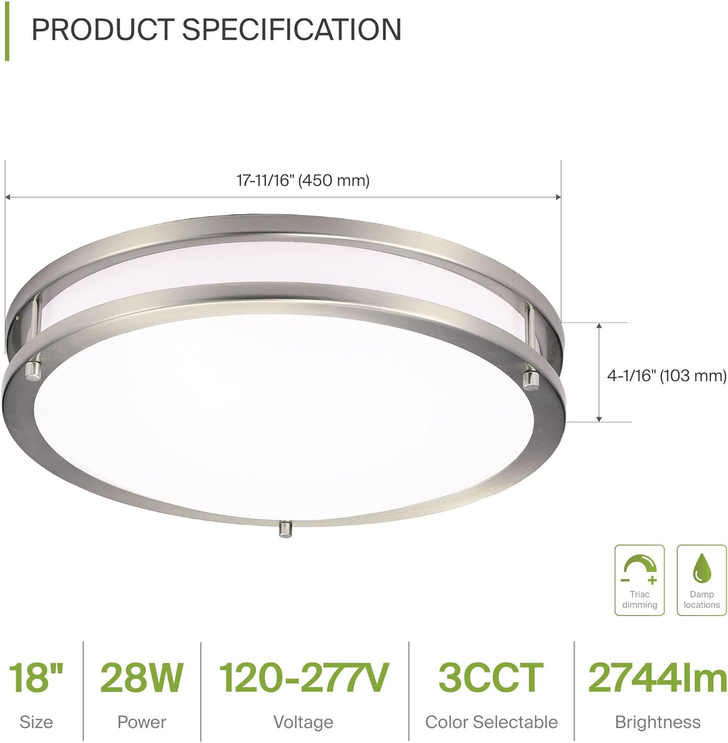 18-Inch Brushed Nickel LED Flush Mount Ceiling Light with Acrylic Shade