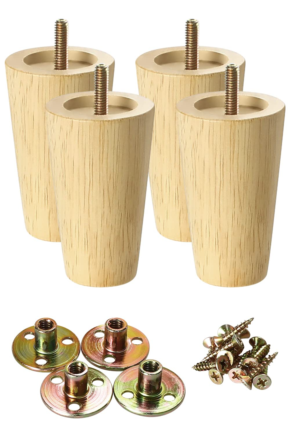 GOSCHE 4 Inch Round Solid Wood Furniture Feet, Wooden Sofa Legs Set of 4, Chair Legs, Replacement Couch Legs for Armchair, Cabinet, Mid Century Modern Dresser Or Home DIY Projects Bun Feet