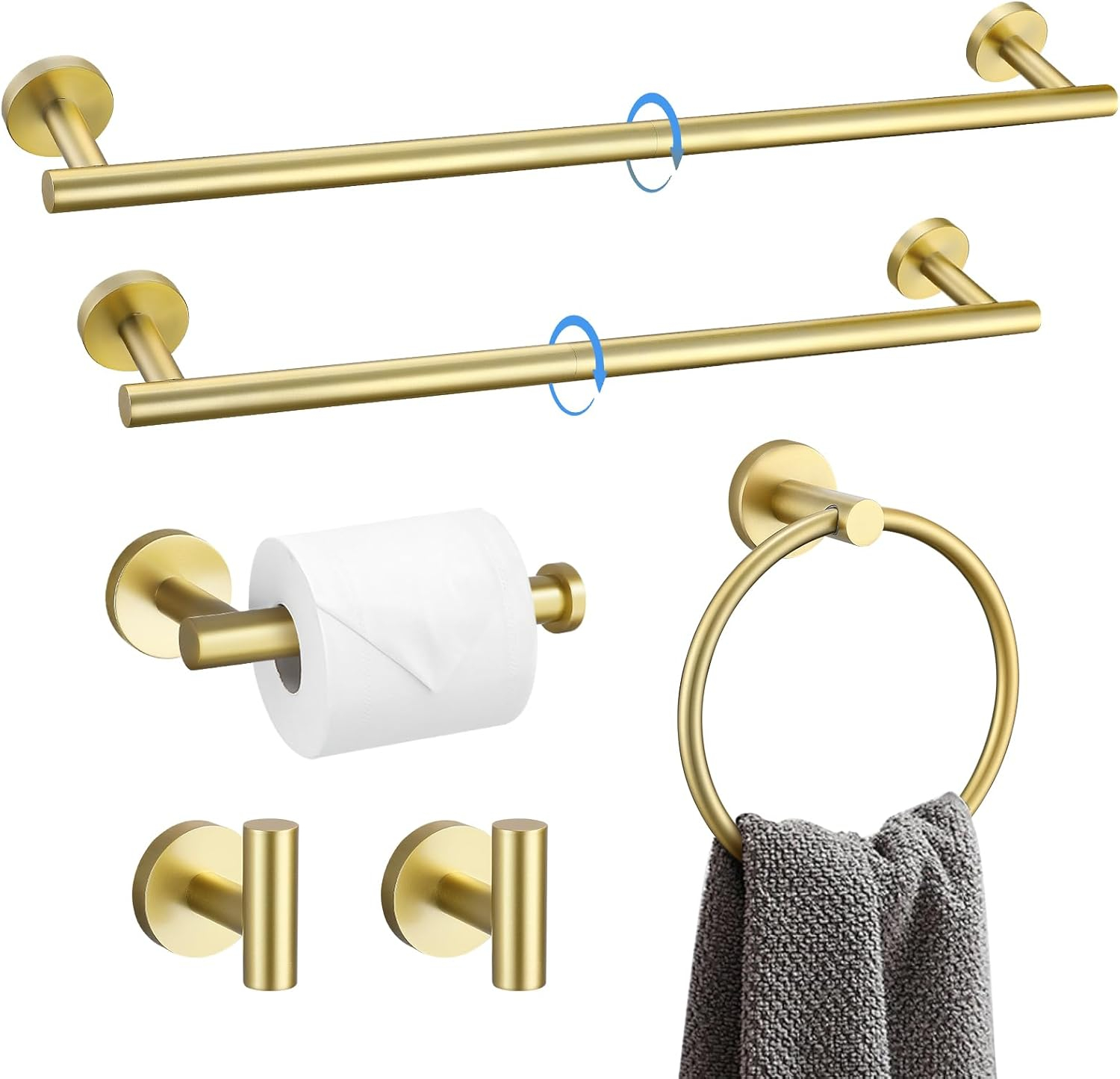 Bathroom Towel Holder Set, 6 Pieces Brushed Gold Towel Bar Bathroom Hardware Accessories Set, SUS304 Stainless Steel Towel Rack Towel Ring Toilet Paper Holder Set Wall Mounted