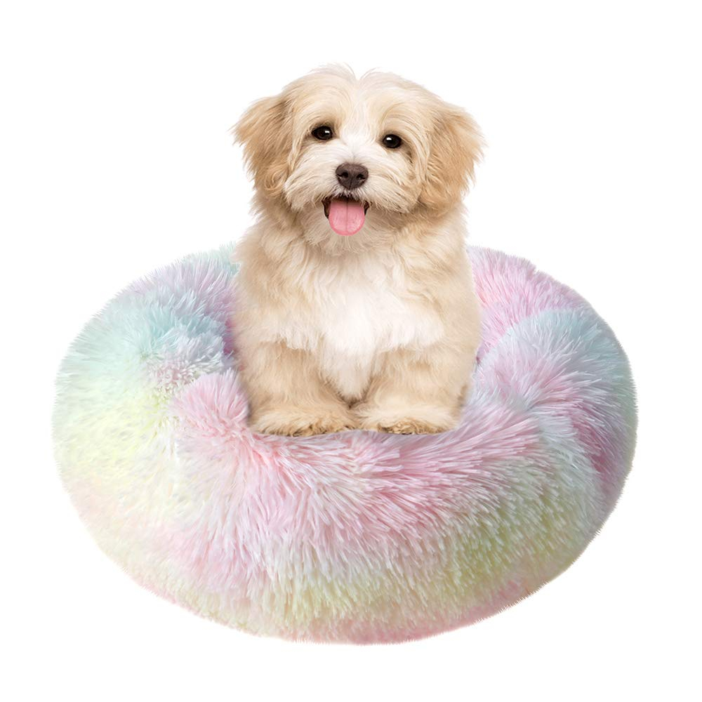 otoez Kitten Puppy Bed Extra Small XS Round Dog Cat Beds Anti Anxiety Plush Pet Calming Donut Bed with Non-Slip Waterproof Bottom, Washable (15.7", Rainbow)