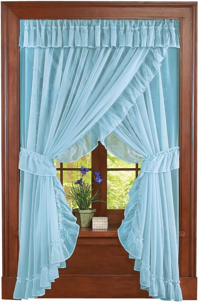 Isabella Ruffled Sheer Fabric Rod Pocket Window Curtain Set, Blue