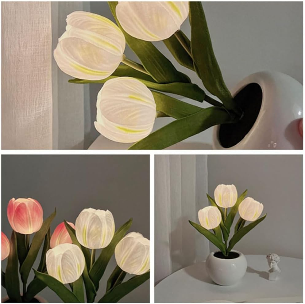 Flower Table Lamp Tulip Desk LED Night Light Heads Artificial Flower Lamp Small Desk Decor Lamp Desk Tablefor Bedroom Bedside Lamp Ambient Light Decor (White-USB)
