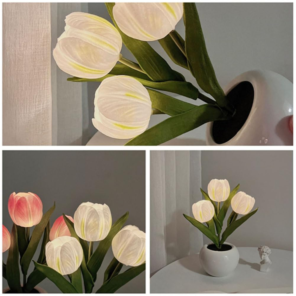 Flower Table Lamp Tulip Desk LED Night Light Heads Artificial Flower Lamp Small Desk Decor Lamp Desk Tablefor Bedroom Bedside Lamp Ambient Light Decor (White-USB)