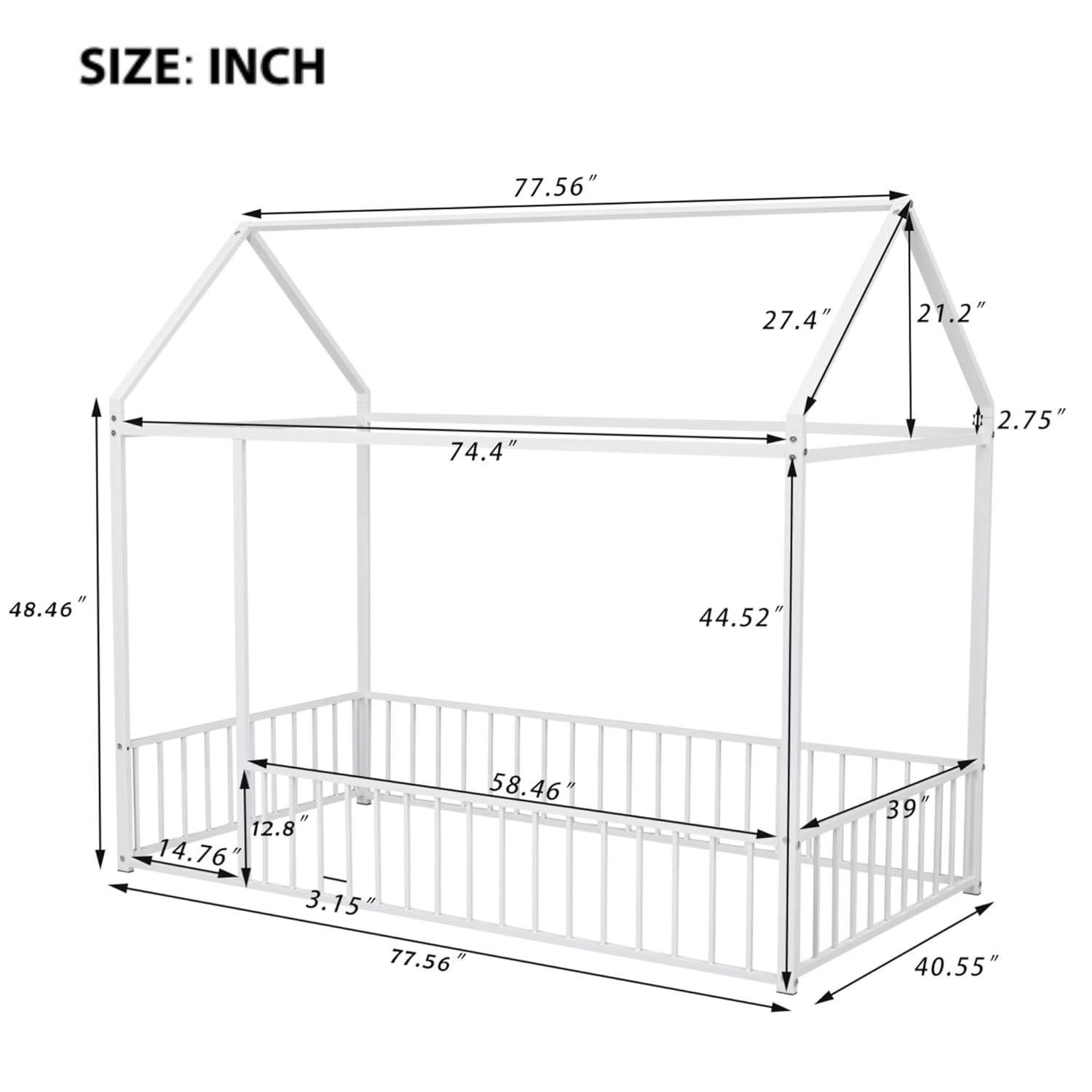 Ultimate Kids Comfort: HZANHY Twin Montessori Floor Bed, Rails, Playhouse Bed With Roof, Foot Pads