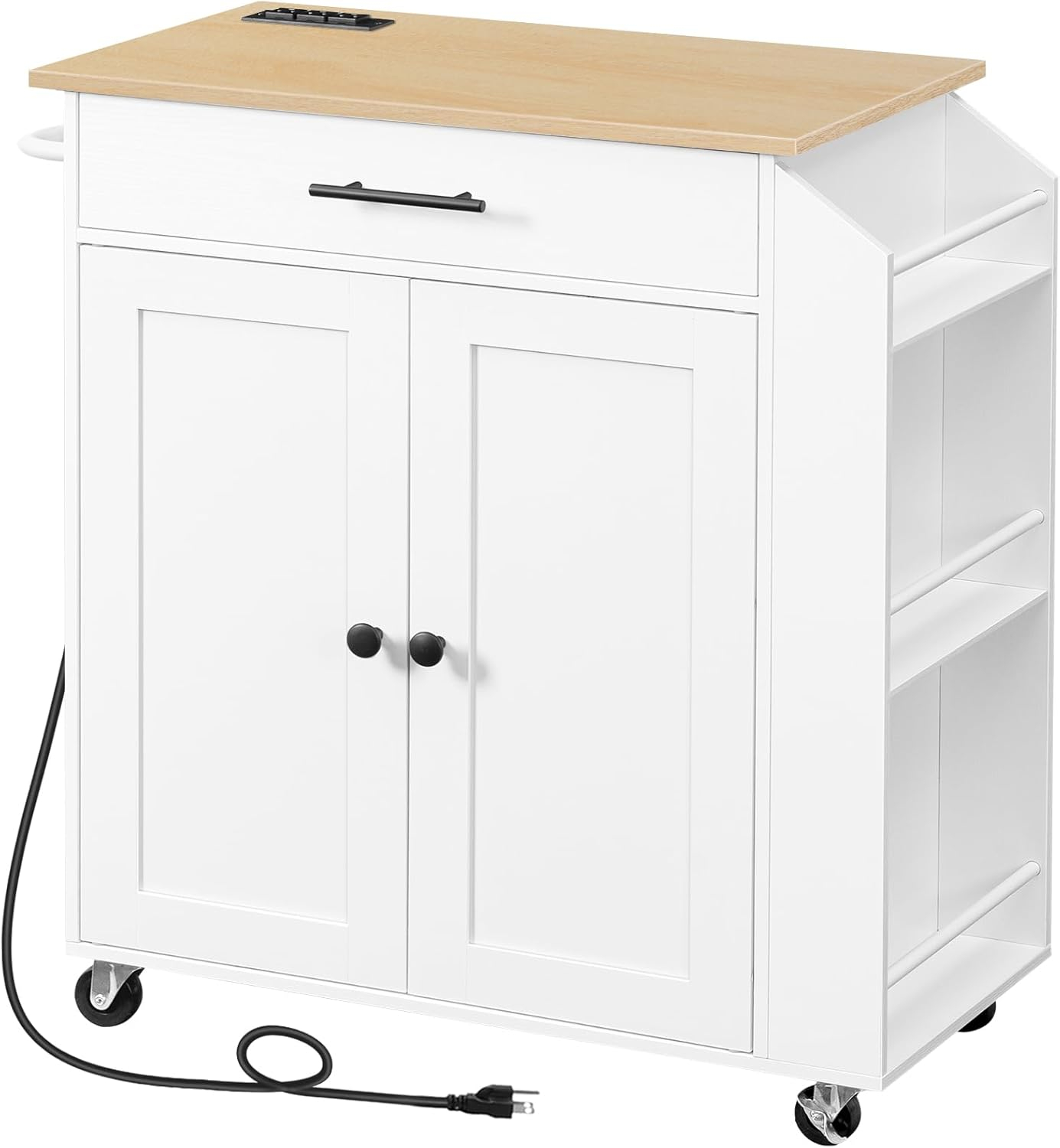Kitchen Island Cart Kitchen Island on Wheels with Spice Rack, Towel Rack and 5 Drawers, Rolling Mobile Kitchen Island with Door Storage Cabinets, 4 Locking Wheels and Rubber Wood Top, White