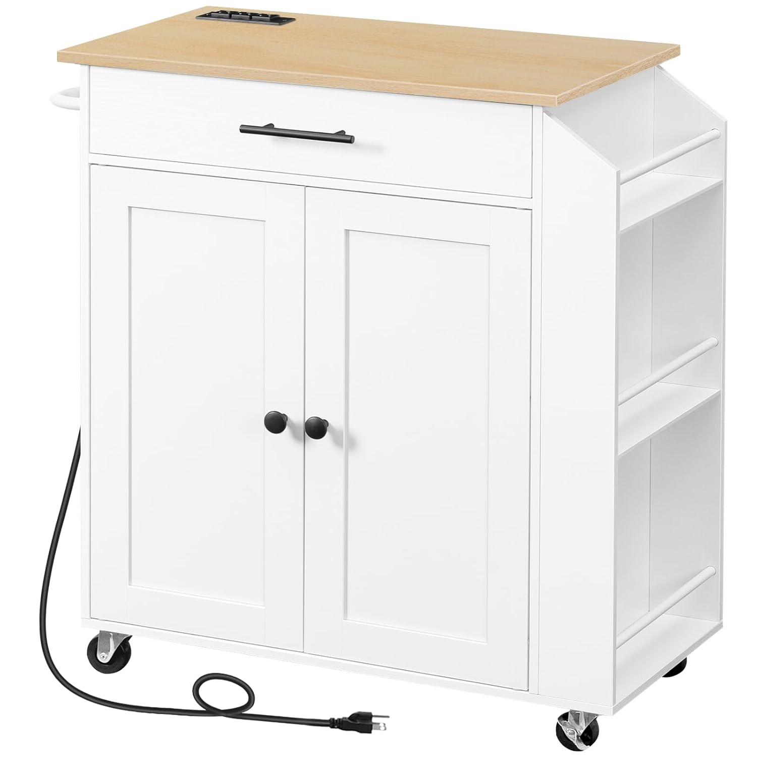Kitchen Island Cart Kitchen Island on Wheels with Spice Rack, Towel Rack and 5 Drawers, Rolling Mobile Kitchen Island with Door Storage Cabinets, 4 Locking Wheels and Rubber Wood Top, White