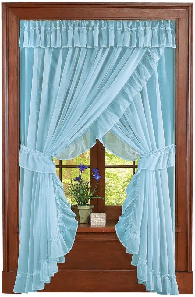 Isabella Ruffled Sheer Fabric Rod Pocket Window Curtain Set, Blue
