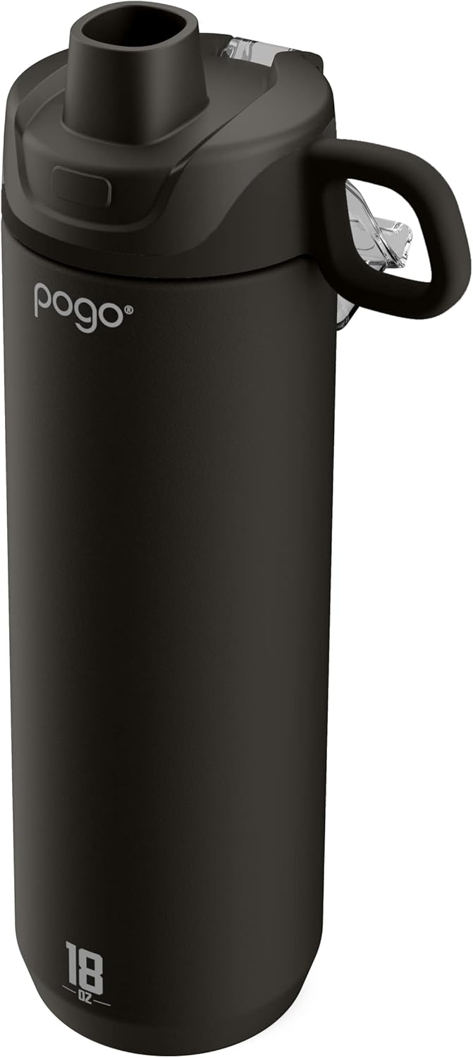 Pogo Active Vacuum Insulated Stainless Steel Water Bottle with Leak Proof Chug Lid and Silicone Carry Loop, Powdercoat, Black, 18 oz