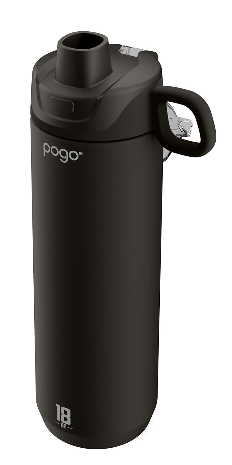 Pogo Active Vacuum Insulated Stainless Steel Water Bottle with Leak Proof Chug Lid and Silicone Carry Loop, Powdercoat, Black, 18 oz