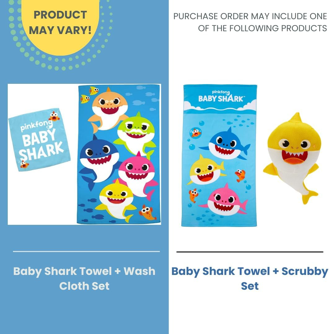 Franco Kids Bath and Beach Soft Cotton Terry Towel with Washcloth Set, 25" x 50", Baby Shark