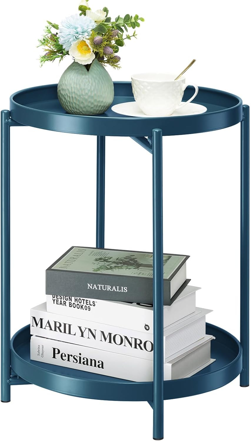 danpinera 2-Tier End Table, Outdoor Side Table Metal Round Side Table with Removable Tray, Small Accent Table, Anti-Rust Nightstand for Bedroom Balcony Patio Living Room (Navy Blue)