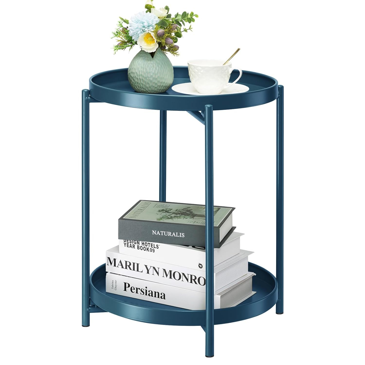 HollyHOME 2-Tier Round Side Table, Outdoor Small Folding Accent Stand with Removable Tray, Anti-Rust Metal Asional Table for Balcony Patio Living Room, Nightstand for Bedroom(Navy Blue)