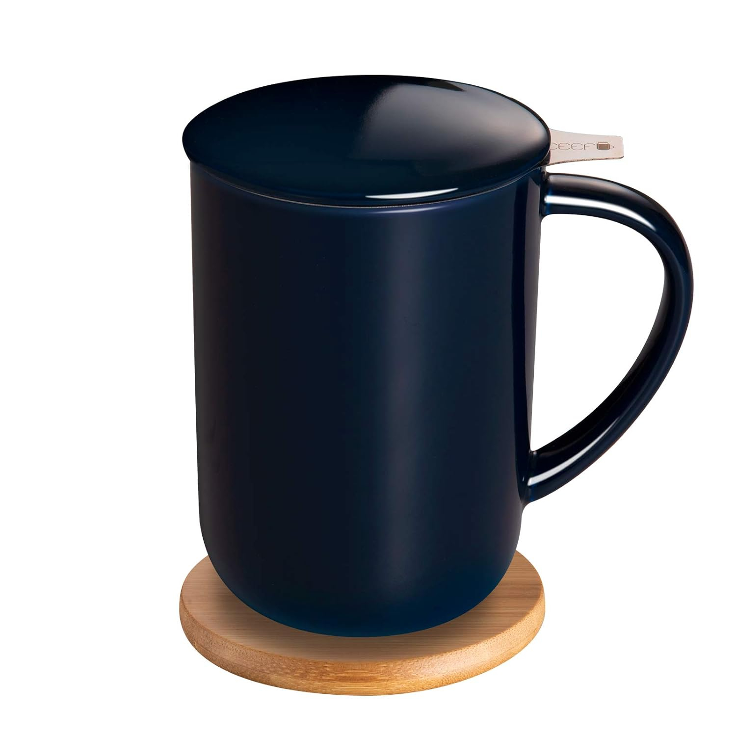 Navy Blue Ceramic Tea Mug with Bamboo Coaster and Lid
