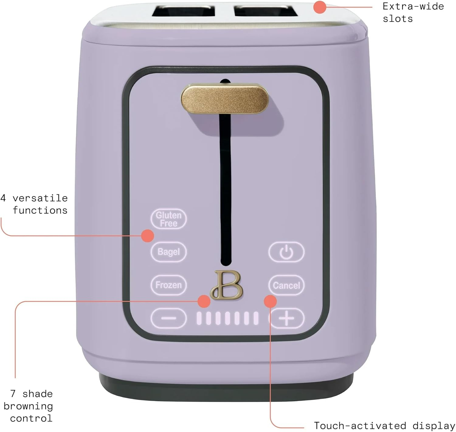 Beautiful 2 Slice Toaster with Touch-Activated Display, Lavender by Drew Barrymore