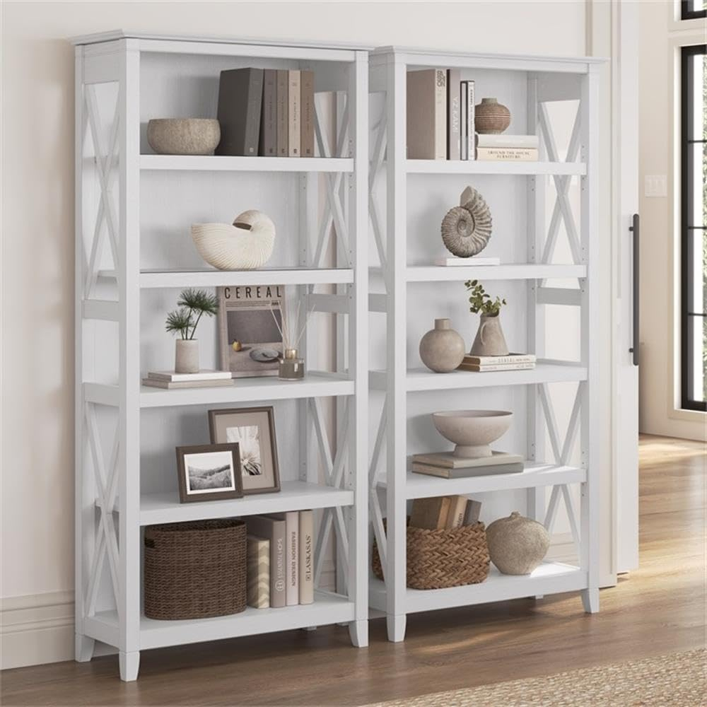 Pure White Oak Adjustable Tall 5 Shelf Bookcase Set