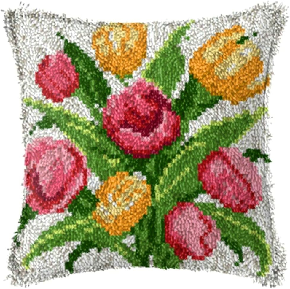 LAPATAIN Latch Hook Kits for DIY Throw Pillow Cover,Tulips Needlework Cushion Cover Hand Craft Crochet 17x17inch