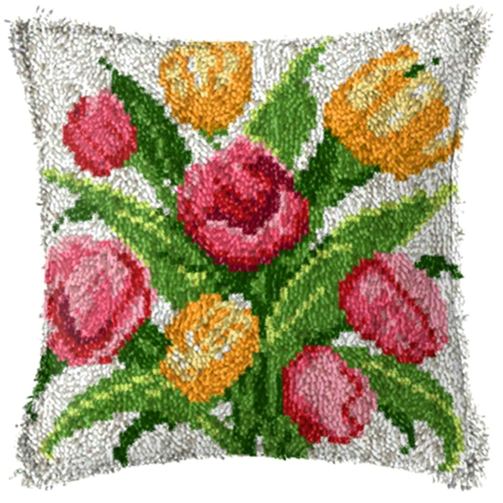 LAPATAIN Latch Hook Kits for DIY Throw Pillow Cover,Tulips Needlework Cushion Cover Hand Craft Crochet 17x17inch