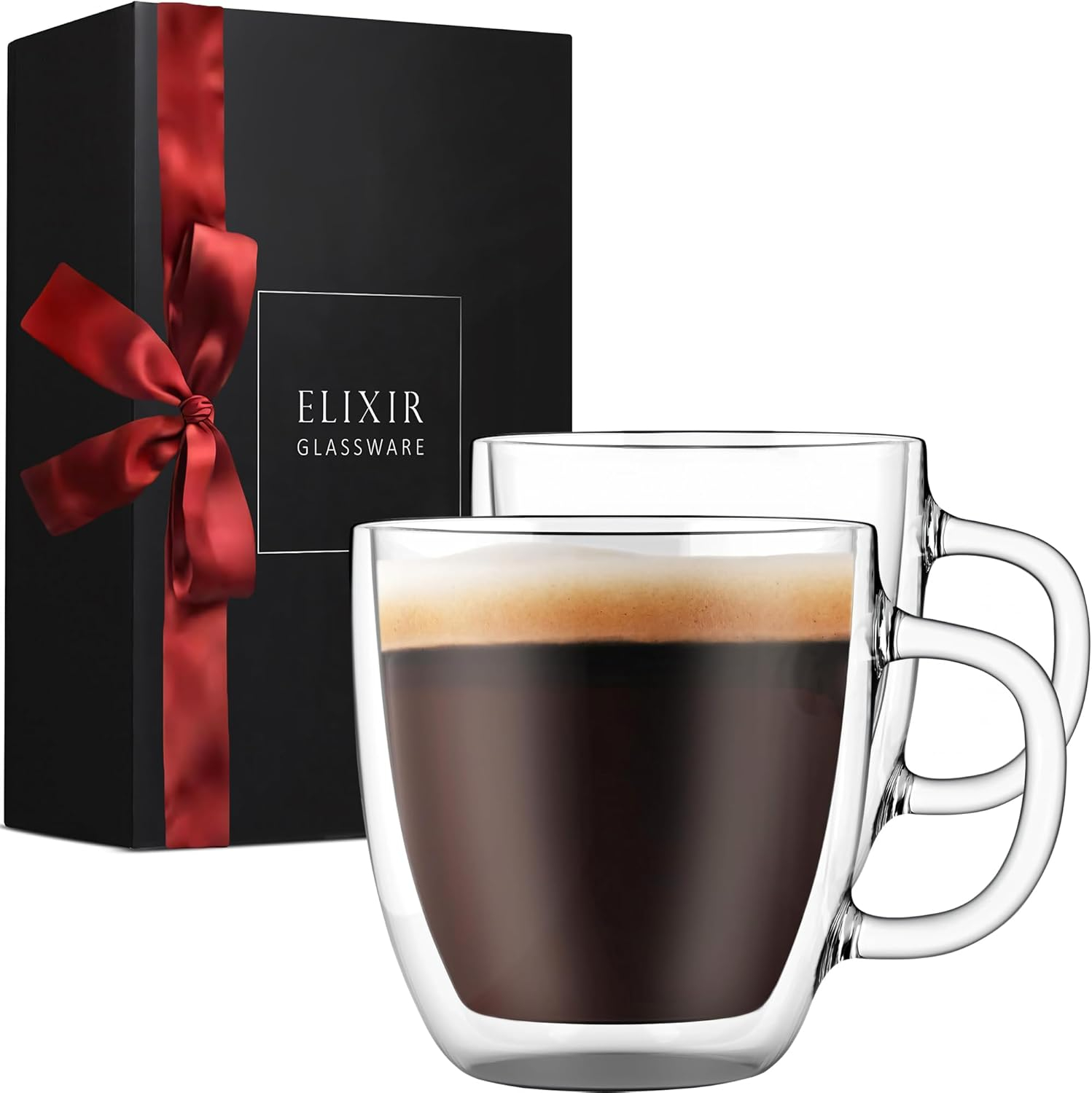 ELIXIR GLASSWARE Large Double Wall Coffee Mugs 16 oz - Double Wall Glass Set of 2 - Insulated Coffee Mugs with Handle (16 oz) 16 Ounce (Pack of 2)