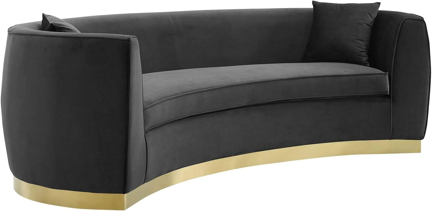 Luxurious Mid-Century Black Velvet Curved Sofa with Gold Base
