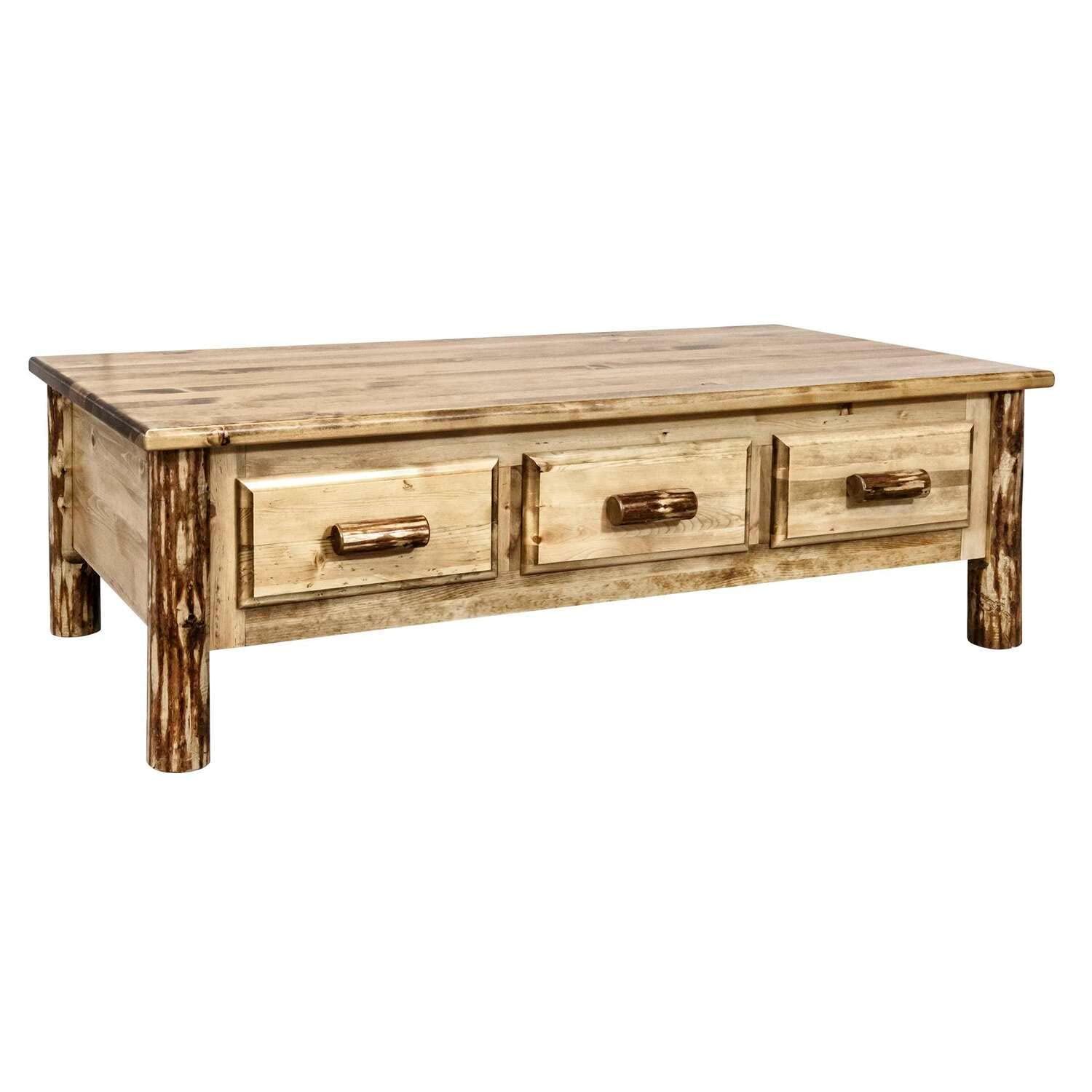 Rustic Pine Solid Wood Rectangular Coffee Table with Storage