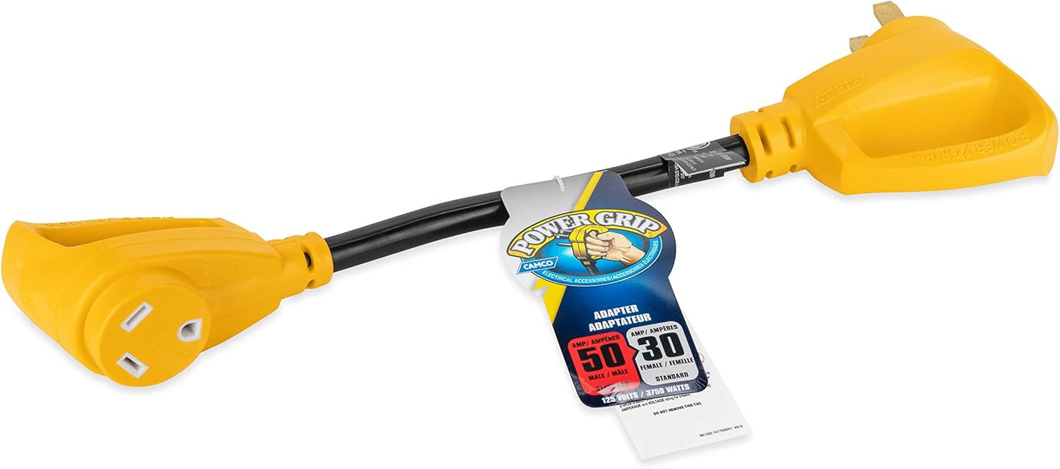 Camco Power Grip 18-inch 50 to 30-Amp Dogbone RV Electrical Adapter - 125 Volts 3750 Watts – 10/3-Gauge Wires, Yellow (55175)