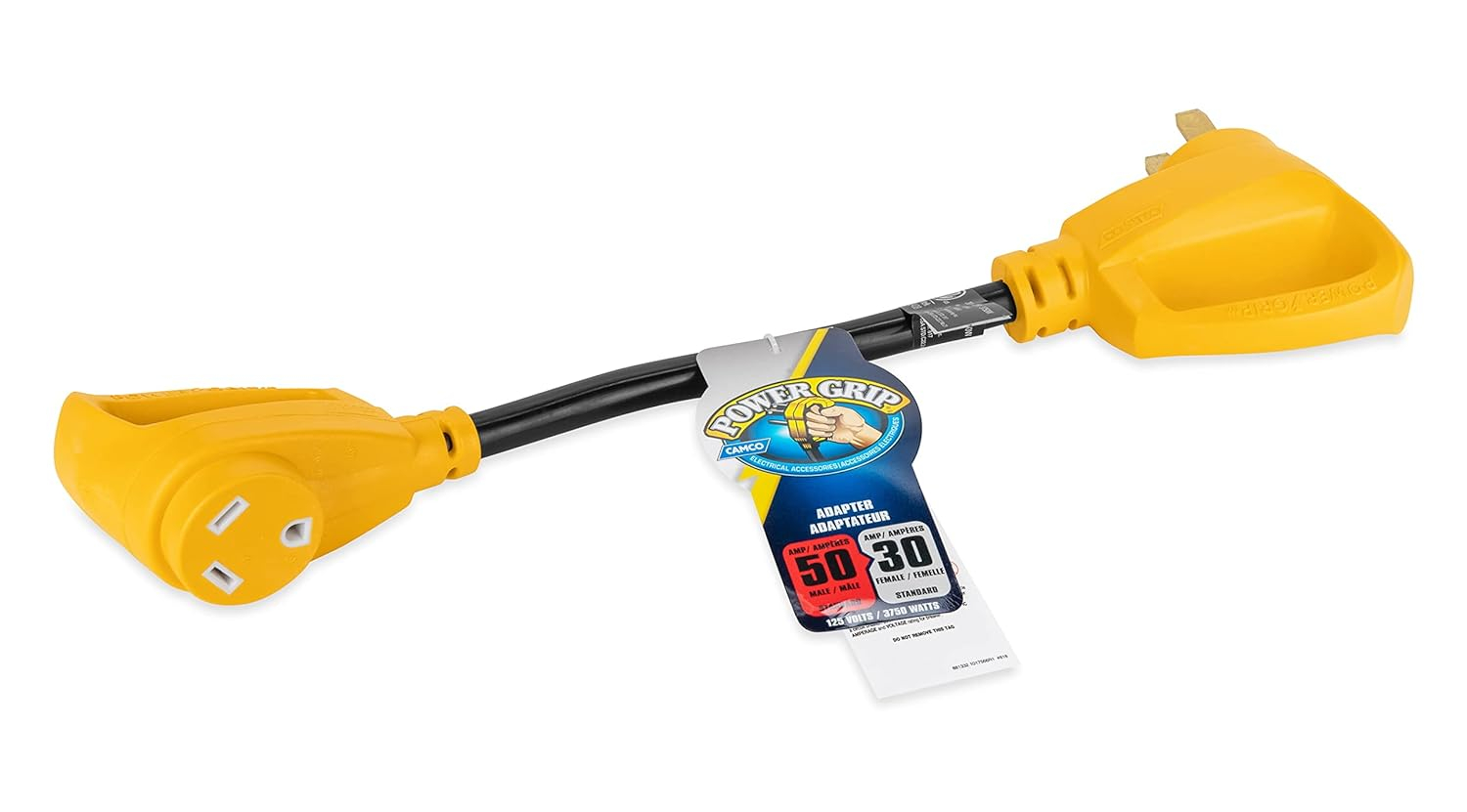 Camco Power Grip 18-inch 50 to 30-Amp Dogbone RV Electrical Adapter - 125 Volts 3750 Watts – 10/3-Gauge Wires, Yellow (55175)