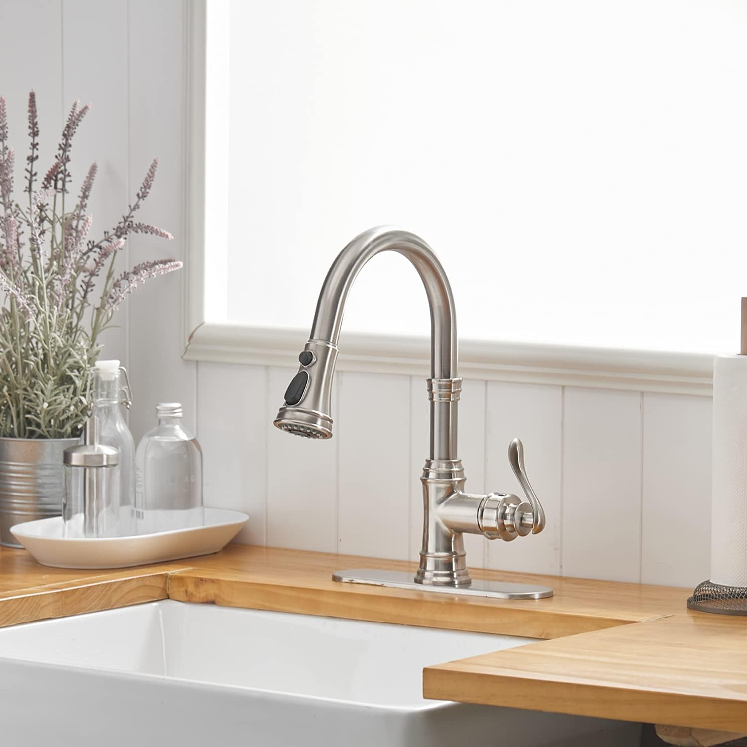 Kitchen Sink Faucet Brushed Nickel with Pull Down Sprayer 3 Mode Faucet for Kitchen Sink Single Handle High Arc Commercial Stainless Steel Pull Out RV Kitchen Faucet Bar,Deck Plate Include