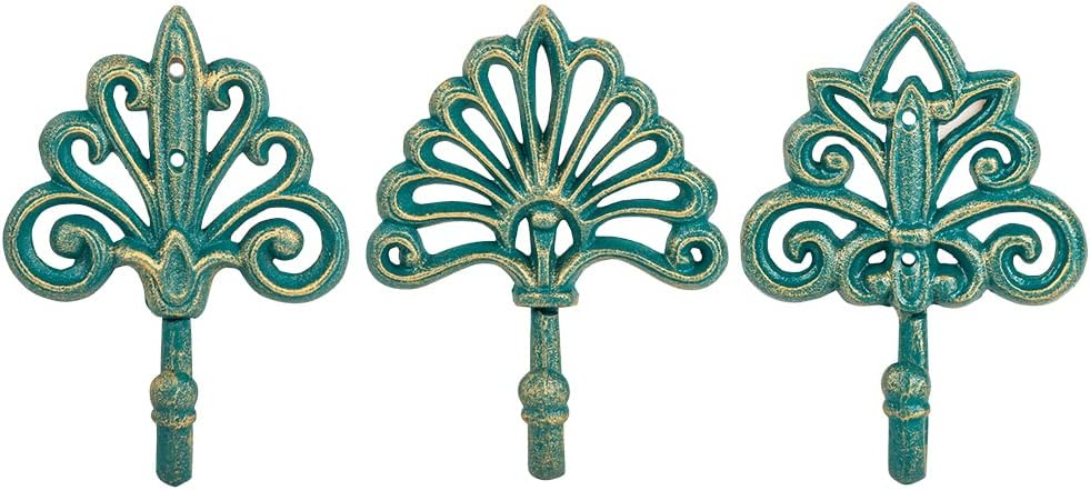 Antique Green Cast Iron Decorative Wall Hooks Set of 3