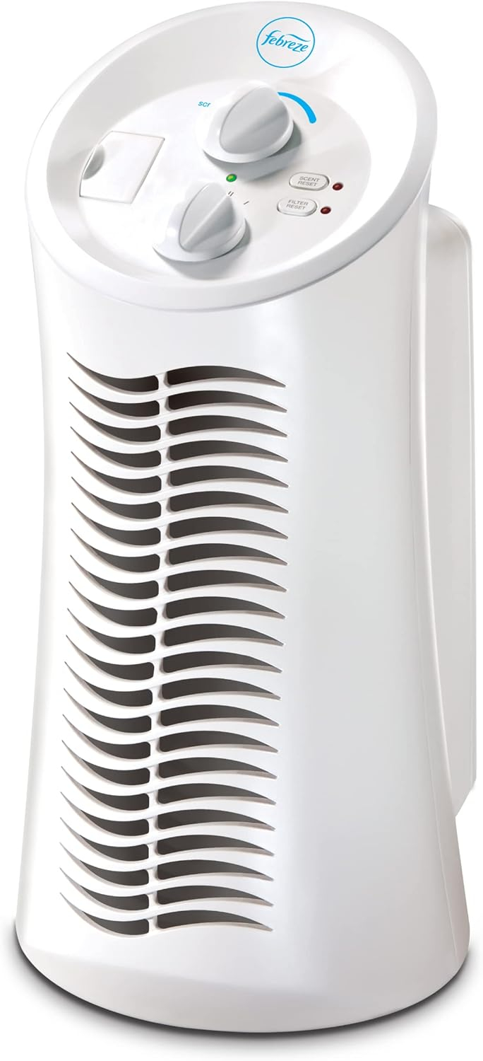 Febreze Mini Tower Air Purifier with Dual-Action HEPA-Type Filter, FHT180W, White