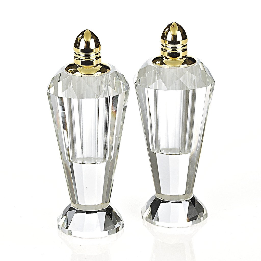 Elegant Hand-Cut Crystal Salt and Pepper Shakers with Gold Tops