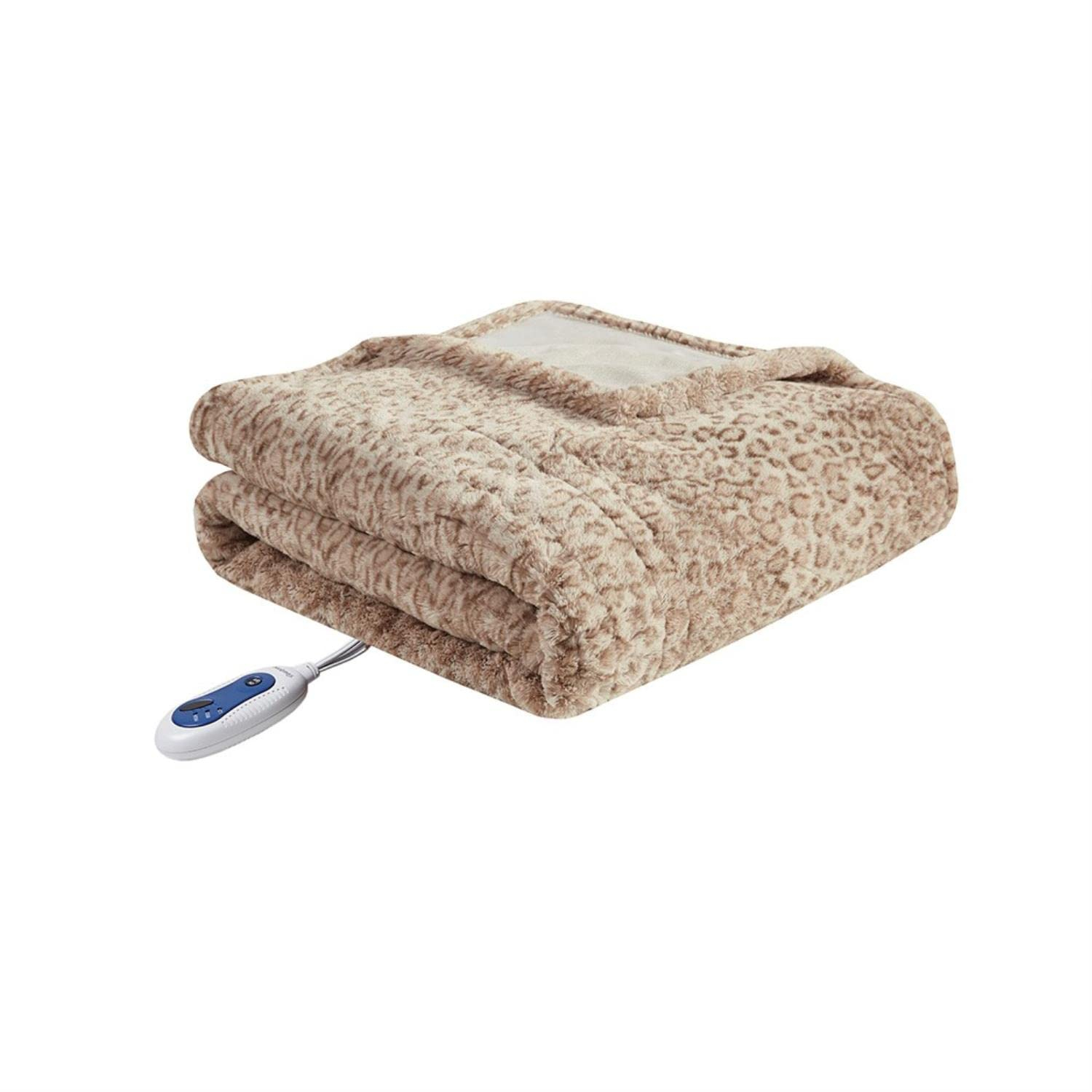 Beautyrest Zuri Reversible Faux Fur to Mink Electric Blanket, Auto Shut Off, Virtually Zero EMF, Multi Heat Setting, UL Certified, Machine Washable, Leopard Throw 50x70