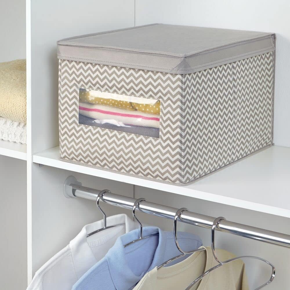 mDesign Large Fabric Closet Box with Window/Lid, 6 Pack, Taupe/Natural Chevron