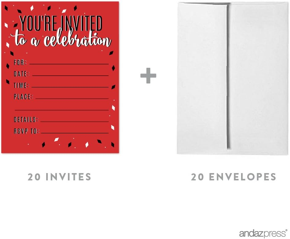Andaz Press Signature Black, White, Red Party Collection, Invitations with Envelopes, 20-Pack
