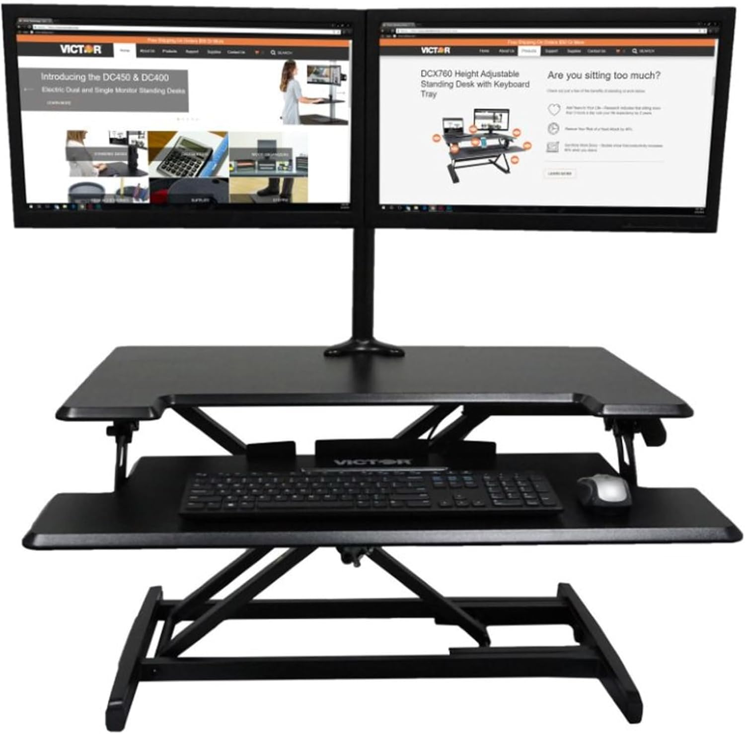 Victor DCX610 Height Adjustable Compact Standing Desk| Black| 33” Wide Sit-Stand Dual Monitor Desk and Laptop Riser Workstation| Compatible with Most Monitor Arms