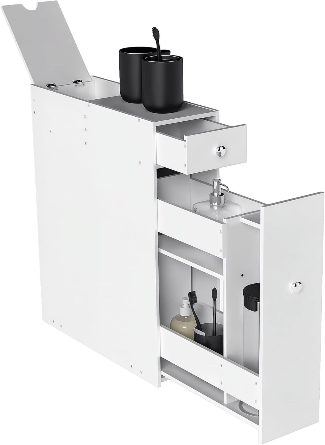 Space Saving Gray Bathroom Floor Organizer Cabinet with Drawers & Toilet Paper Holder Freestanding 4-Tier Storage Solution