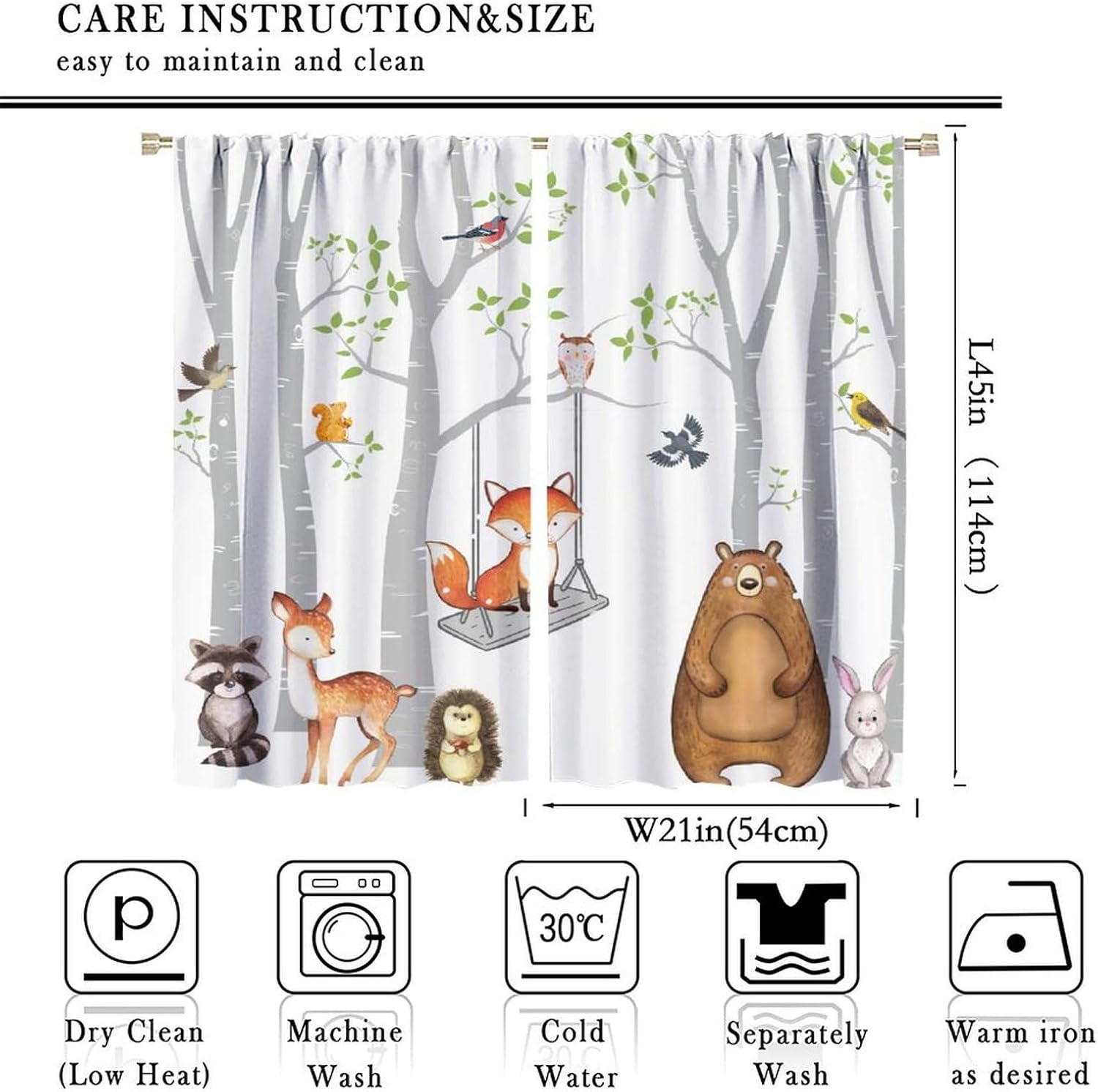 Woodland Kids Curtains, Rustic Vintage Forest Window Drapes Farnhouse Cabin Funny Animals Window Treatments for Boys Girls Bedroom Living Room, 42x45in （No Blackout）