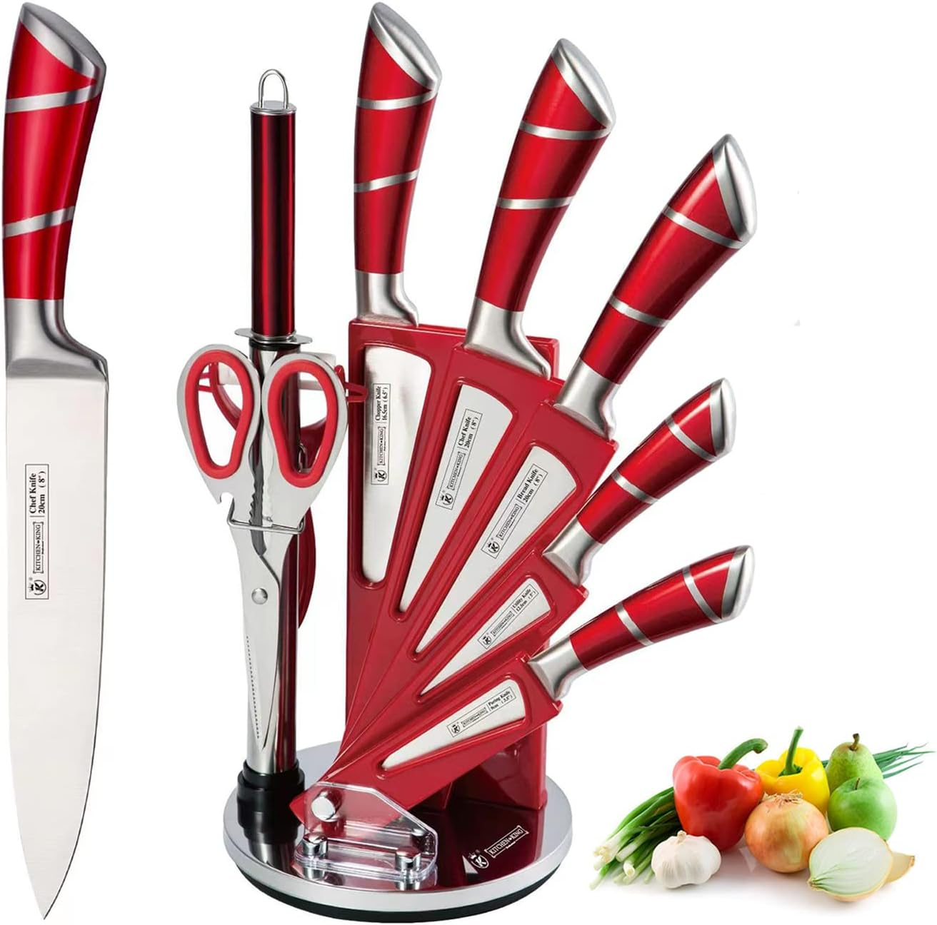 Kitchen Knife Set, 9-Pieces Red Coated Knife Block Set, Stainless Steel Chef knife Set with Sharpener Peeler Scissors, Sharp Non-Stick Knives Set with Rotatable Holder for Cutting Slicing Dicing
