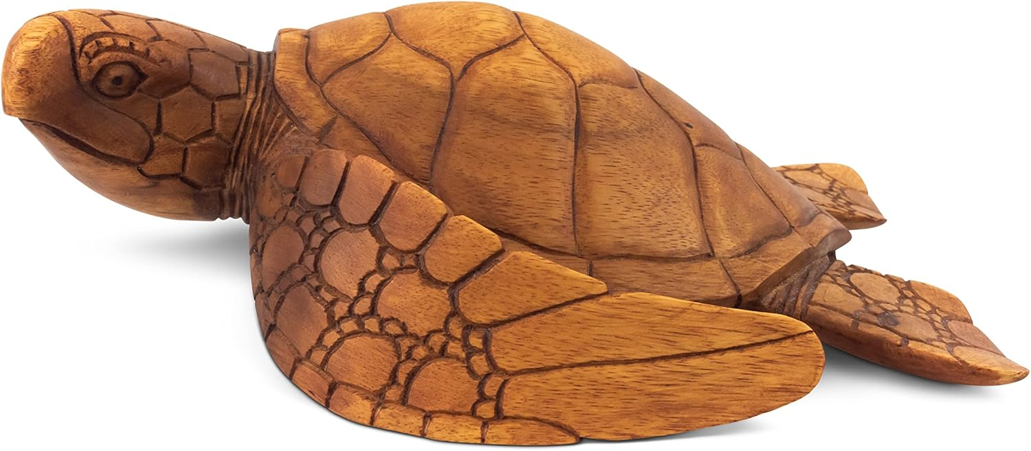 Handcrafted Mahogany Suar Wood Sea Turtle Sculpture, 12"