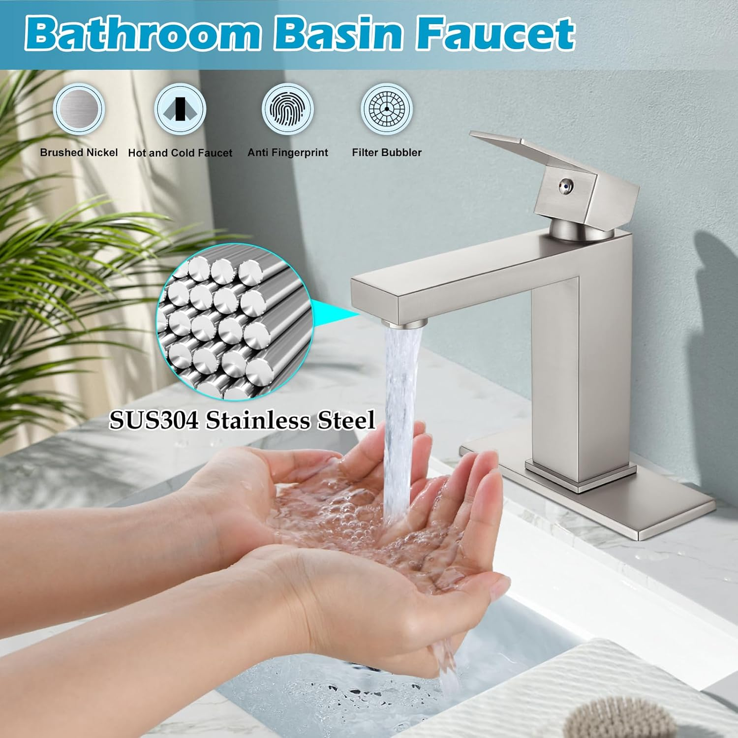 Midanya Bathroom Sink Faucet 1 Hole Single Handle Deck Mount Lavatory Bathroom Faucet Include Cover Plate Stainless Steel Commercial,with Pop Up Drain,Brushed Nickel