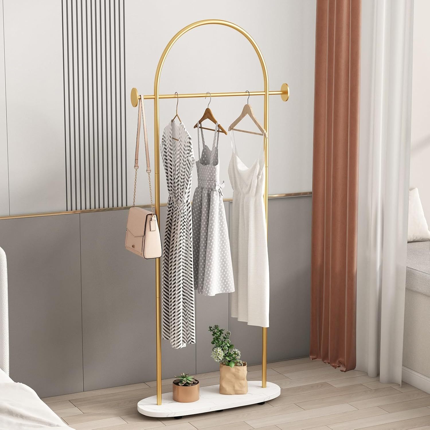Gold Clothing Garment Rack with Marble Base and Tray, Modern Minimalist Hanging Clothes Rack, for Coats, Hats, Scarves and Handbags of Entryway, Hallway, Bedroom, Office（Golden）